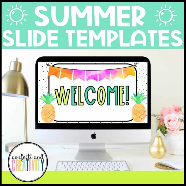 Shows the first slide of the summer Google Slides set up on a computer stock photo. The slide says "Welcome". The slides are compatible with both Google Slides as well as Powerpoint Slides