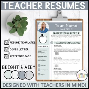 Shows an example teacher resume filled out and set up on a clipboard with a stock photo background. This resume is a simplistic one that includes light blues and gray colors.
