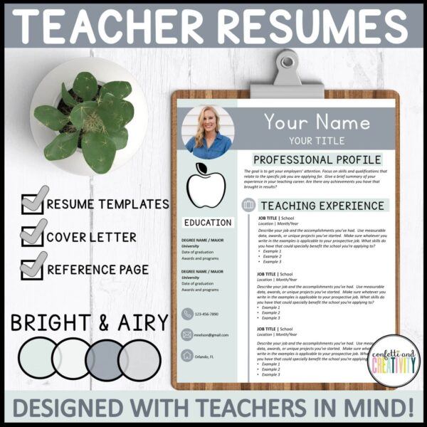 Shows an example teacher resume filled out and set up on a clipboard with a stock photo background. This resume is a simplistic one that includes light blues and gray colors.