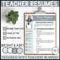 Shows an example teacher resume filled out and set up on a clipboard with a stock photo background. This resume is a simplistic one that includes light blues and gray colors.