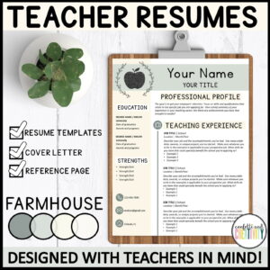Shows an example teacher resume filled out and set up on a clipboard with a stock photo background. This resume is a simplistic one that includes a tan, light greens, and black and white colors