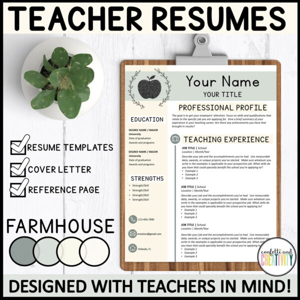 Shows an example teacher resume filled out and set up on a clipboard with a stock photo background. This resume is a simplistic one that includes a tan, light greens, and black and white colors
