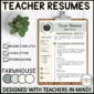 Shows an example teacher resume filled out and set up on a clipboard with a stock photo background. This resume is a simplistic one that includes a tan, light greens, and black and white colors