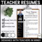 Shows an example teacher resume filled out and set up on a clipboard with a stock photo background. This resume is a simplistic one that includes black and white colors