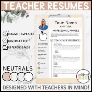 Shows an example teacher resume filled out and set up on a clipboard with a stock photo background. This resume is a simplistic one that includes neutrals and soft colors