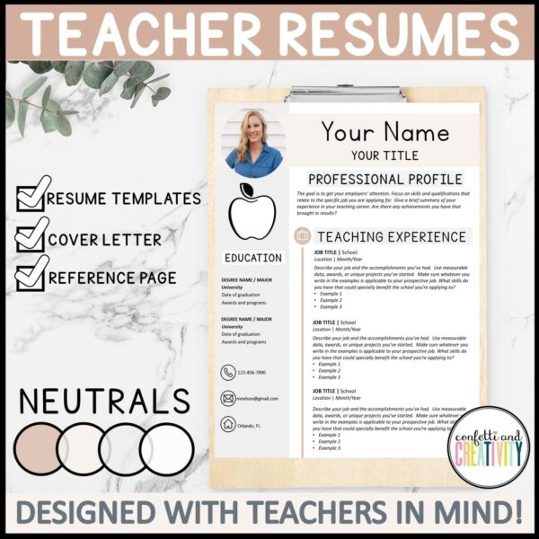 Shows an example teacher resume filled out and set up on a clipboard with a stock photo background. This resume is a simplistic one that includes neutrals and soft colors
