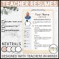 Shows an example teacher resume filled out and set up on a clipboard with a stock photo background. This resume is a simplistic one that includes neutrals and soft colors