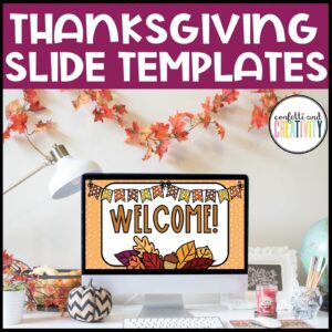 Shows the first slide from the Thanksgiving Google Slide Templates. Compatible with Powerpoint slides as well
