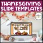 Shows the first slide from the Thanksgiving Google Slide Templates. Compatible with Powerpoint slides as well