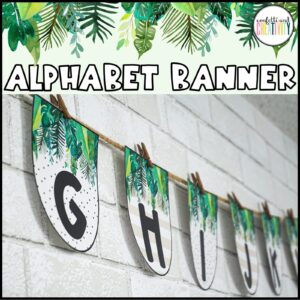 Shows a real life photo of the alphabet banners in a real classroom