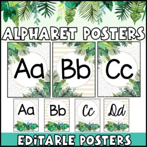 Shows a picture of the tropical alphabet posters set up on a classroom wall