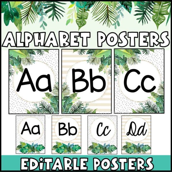 Shows a picture of the tropical alphabet posters set up on a classroom wall
