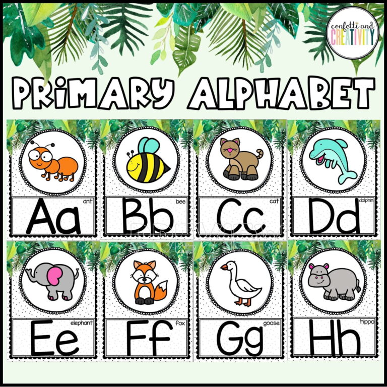 Shows snipped images of the primary alphabet posters with pictures. Shows letters A through H, with each poster having a picture of an object that matches the letter.