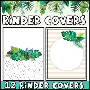 Shows two examples of the binder covers from the tropical classroom theme decor bundle. Both are shown as blank, but teachers can add their own text using Powerpoint to set up any classroom organizational system that they'd like to
