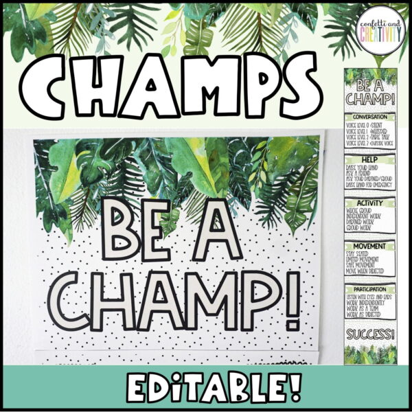 Shows the cover posters "Be a Champ" from the CHAMPS Posters next to the posters set up on top of each other