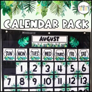Shows a real life picture of the classroom calendar pack from the tropical classroom theme