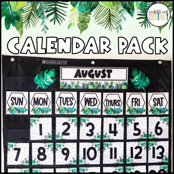 Shows a real life picture of the classroom calendar pack from the tropical classroom theme