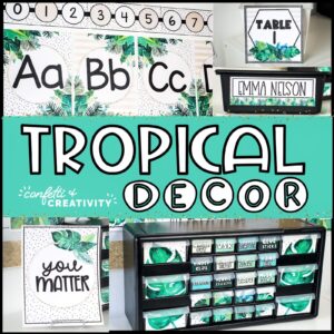 Shows the cover photo for the tropical classroom decor bundle. Features pictures of a classroom set up with the tropical classroom theme
