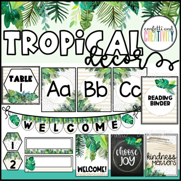 Tropical Classroom Theme Decor Bundle (Old) - Cover Photo Shows the cover photo for the tropical classroom decor bundle. Features pictures of a classroom set up with the tropical classroom theme