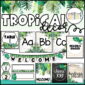 Shows the cover photo for the tropical classroom decor bundle. Features pictures of a classroom set up with the tropical classroom theme