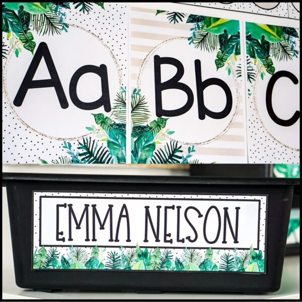 Tropical Classroom Theme Decor Bundle - Alphabet Posters and Desk Nameplates Shows the the tropical classroom theme alphabet posters as well as the desk nameplates