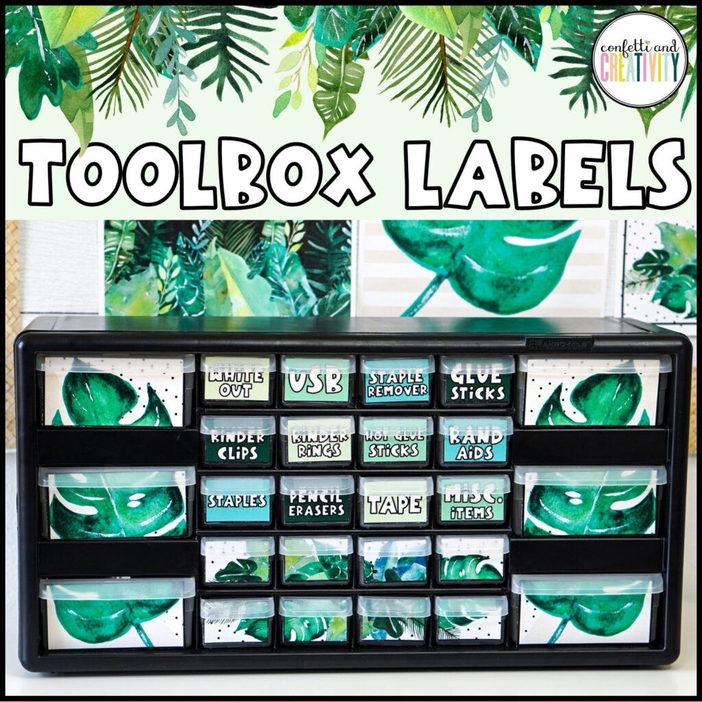 Shows the tropical classroom theme teacher toolbox labels