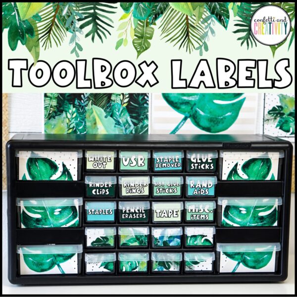 Tropical Classroom Theme Decor Bundle - Teacher Toolbox Labels Shows the tropical classroom theme teacher toolbox labels