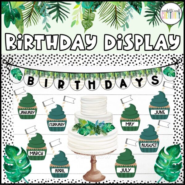 Tropical Classroom Theme Decor Bundle - Birthday Display Shows the tropical classroom theme birthday display