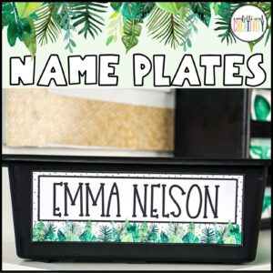 Shows an example desk name plate from the tropical theme with the name "Emma" on it