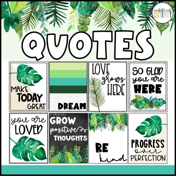 Shows 8 Tropical Inspirational Quote Posters snipped onto the same image