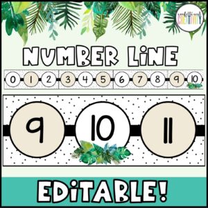 Shows a close up image of the numbers 9 through 11 from the tropical classroom theme number line