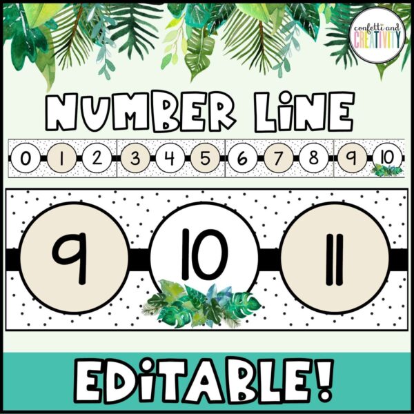 Shows a close up image of the numbers 9 through 11 from the tropical classroom theme number line