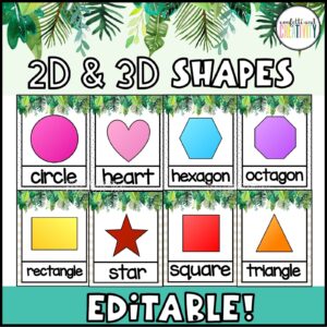 Shows snipped images of the shape posters from the tropical classroom theme decor bundle