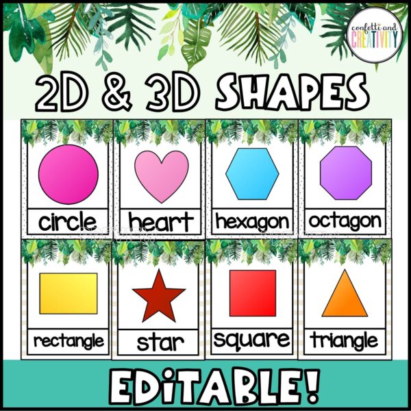 Shows snipped images of the shape posters from the tropical classroom theme decor bundle