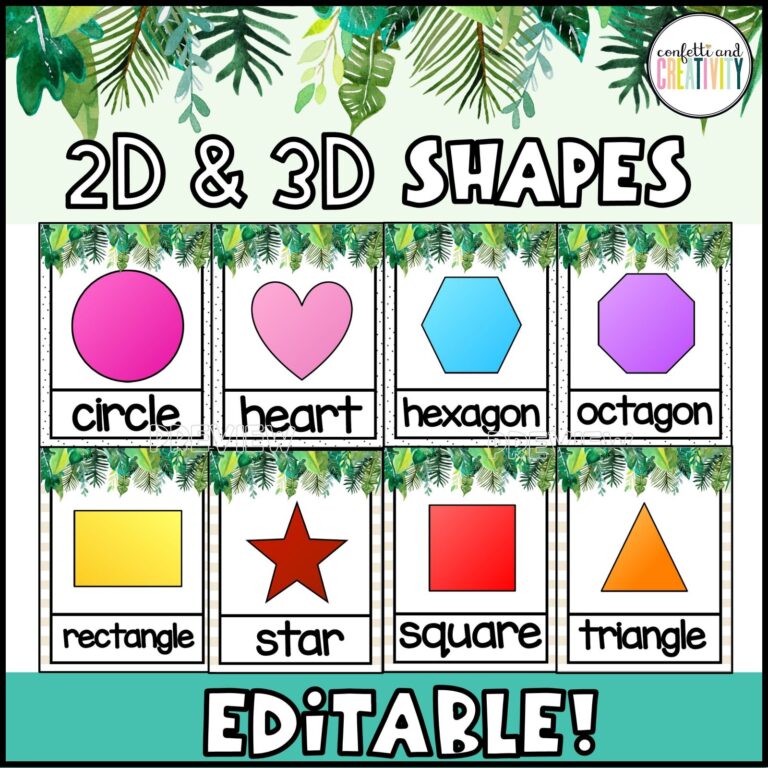 Shows snipped images of the shape posters from the tropical classroom theme decor bundle