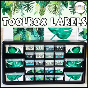 Shows the tropical teacher toolbox labels set up on a black teacher toolbox with the text "toolbox" at the top of the image