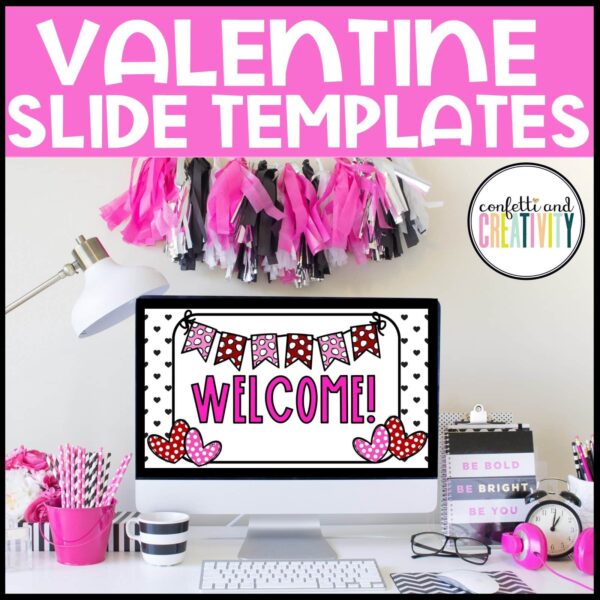 Valentines Day Google Slide Template - Cover Photo Shows the first slide from the Valentine's Day google slide templates. Compatible with Powerpoint or Google Slides, and allows a teacher to create anything they need for their classroom
