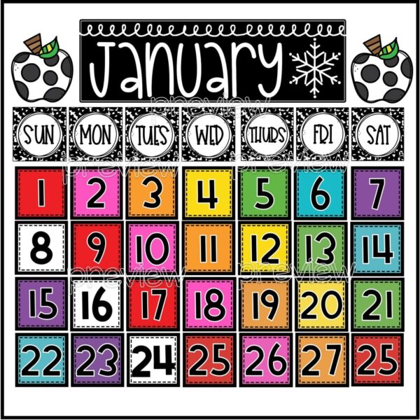 Vintage Vibes Classroom Calendar - Example Photo Shows the classroom calendar snipped together. Include bright rainbow colors, days, month cards, and numbers for each day