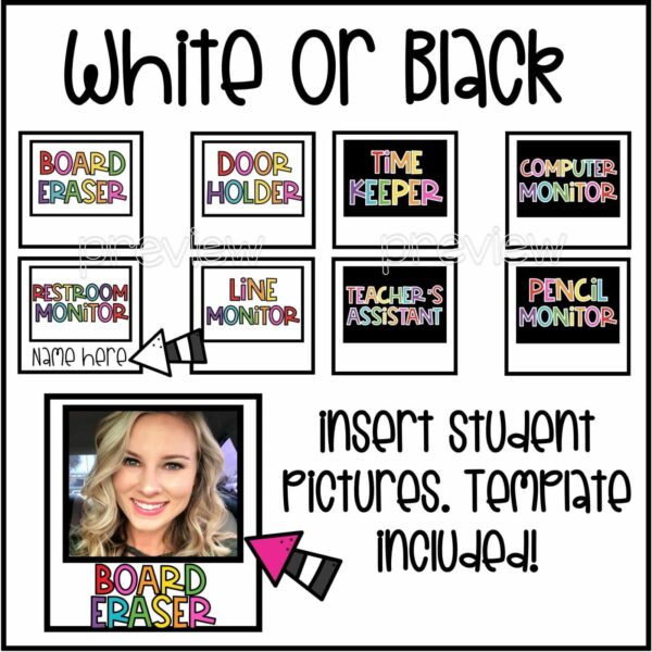 Vintage Vibes Classroom Jobs - Examples Shows examples of the classroom jobs with a portrait picture set up. Black and white background options included