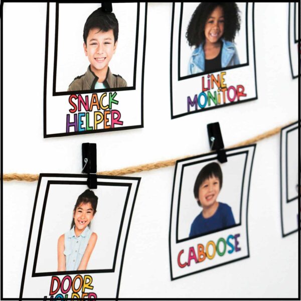 Vintage Vibes Classroom Jobs - Real Classroom Set Up Shows the classroom jobs with pictures on them that are set up in a real classroom