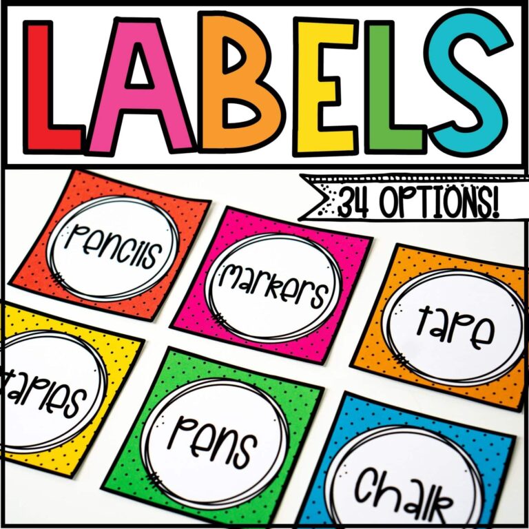 Shows  real picture of filled out classroom labels with the text "labels" in bright elementary classroom colors at the top of the image