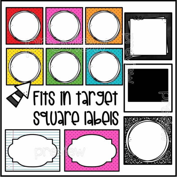 Vintage Vibes Classroom Labels - Snipped Examples Shows editable labels including squares with circles on them and polaroid designs