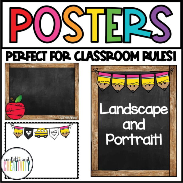 Shows landscape and portrait editable classroom posters that allow a teacher to add anything to the posters