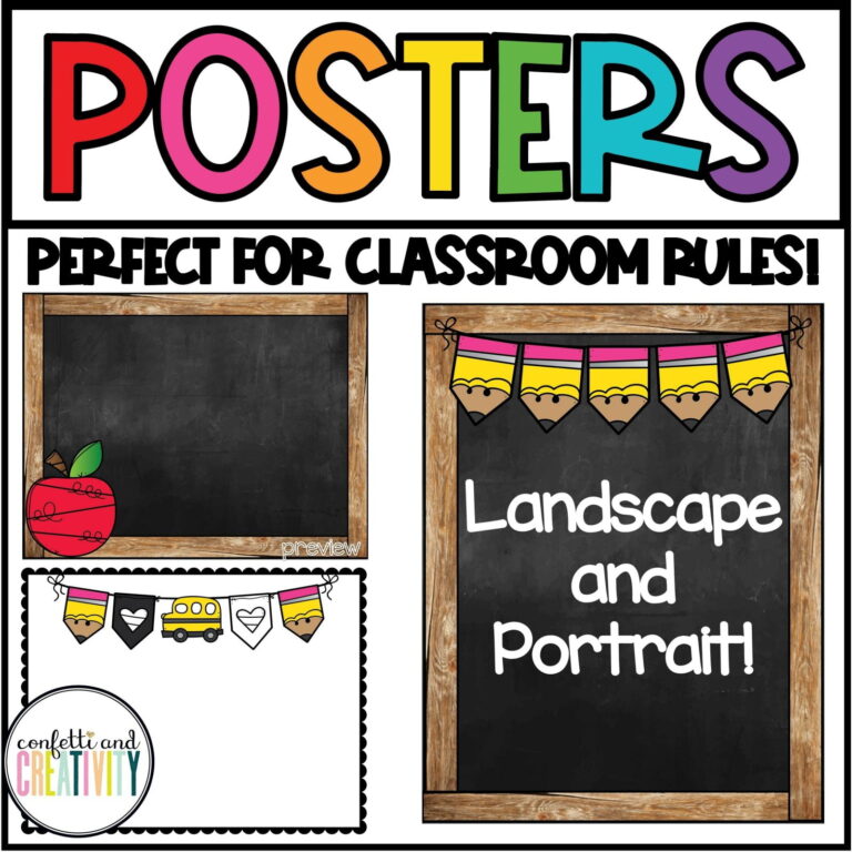 Shows landscape and portrait editable classroom posters that allow a teacher to add anything to the posters