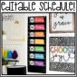 Shows the classroom schedule set up in a schedule holder hanging on a real classroom wall