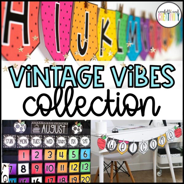 Shows example photos of the vintage vibes classroom them in a real classroom. Includes a piture of the alphabet posters, calendar pack, and other items.