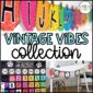 Shows example photos of the vintage vibes classroom them in a real classroom. Includes a piture of the alphabet posters, calendar pack, and other items.