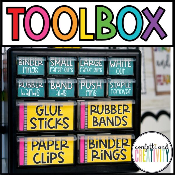Vintage Vibes Classroom Theme - Teacher Toolbox Shows the vintage vibes theme teacher toolbox set up. The teacher toolbox is black and has bright labels for all of the items