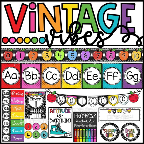 Vintage Vibes Classroom Theme - Cover Photo Shows example photos of the vintage vibes classroom them in a real classroom. Includes a piture of the alphabet posters, calendar pack, and other items.
