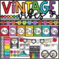 Shows example photos of the vintage vibes classroom them in a real classroom. Includes a piture of the alphabet posters, calendar pack, and other items.